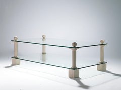 French Travertine Philippe Barbier Glass Coffee Table, 1970s