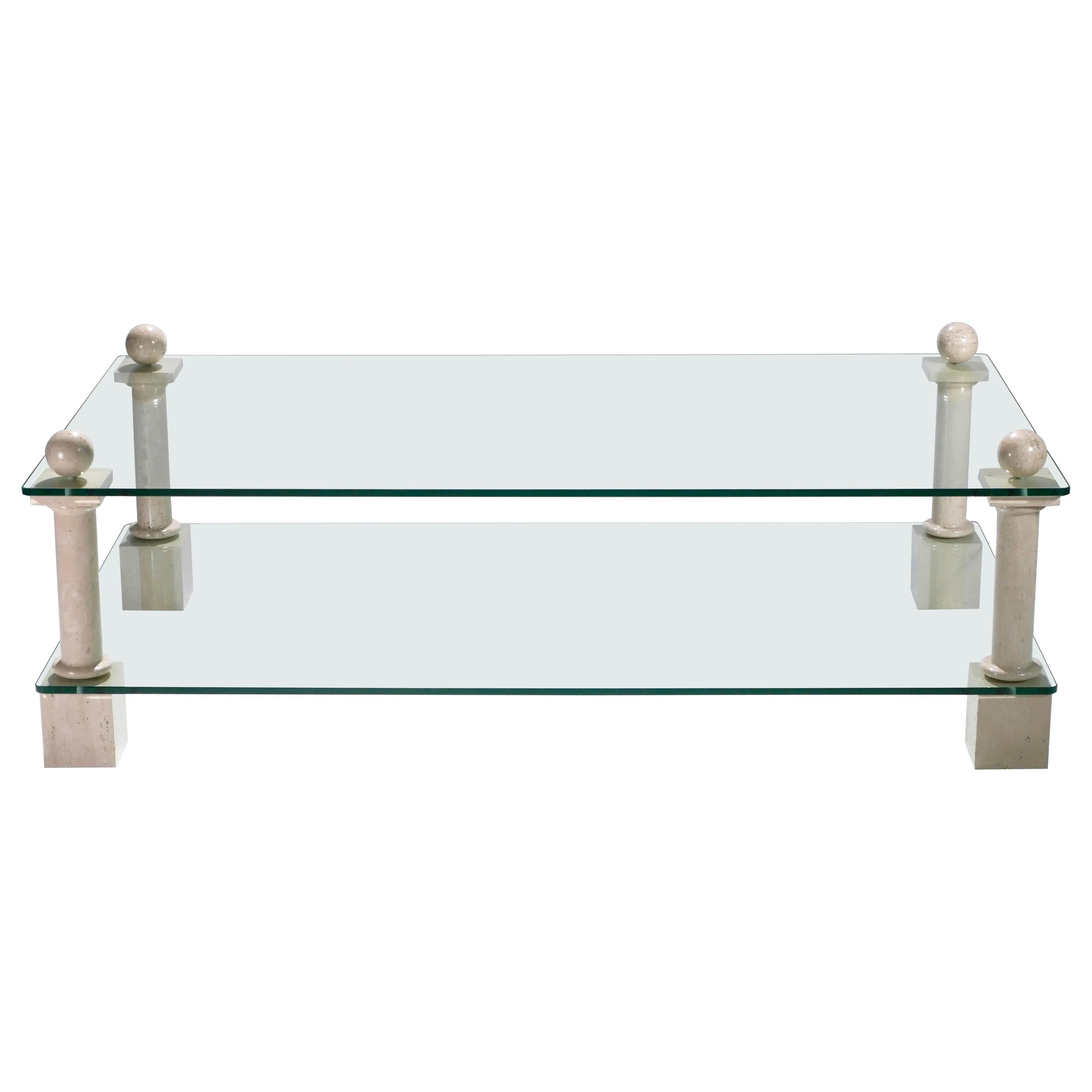 French Travertine Philippe Barbier Glass Coffee Table, 1970s