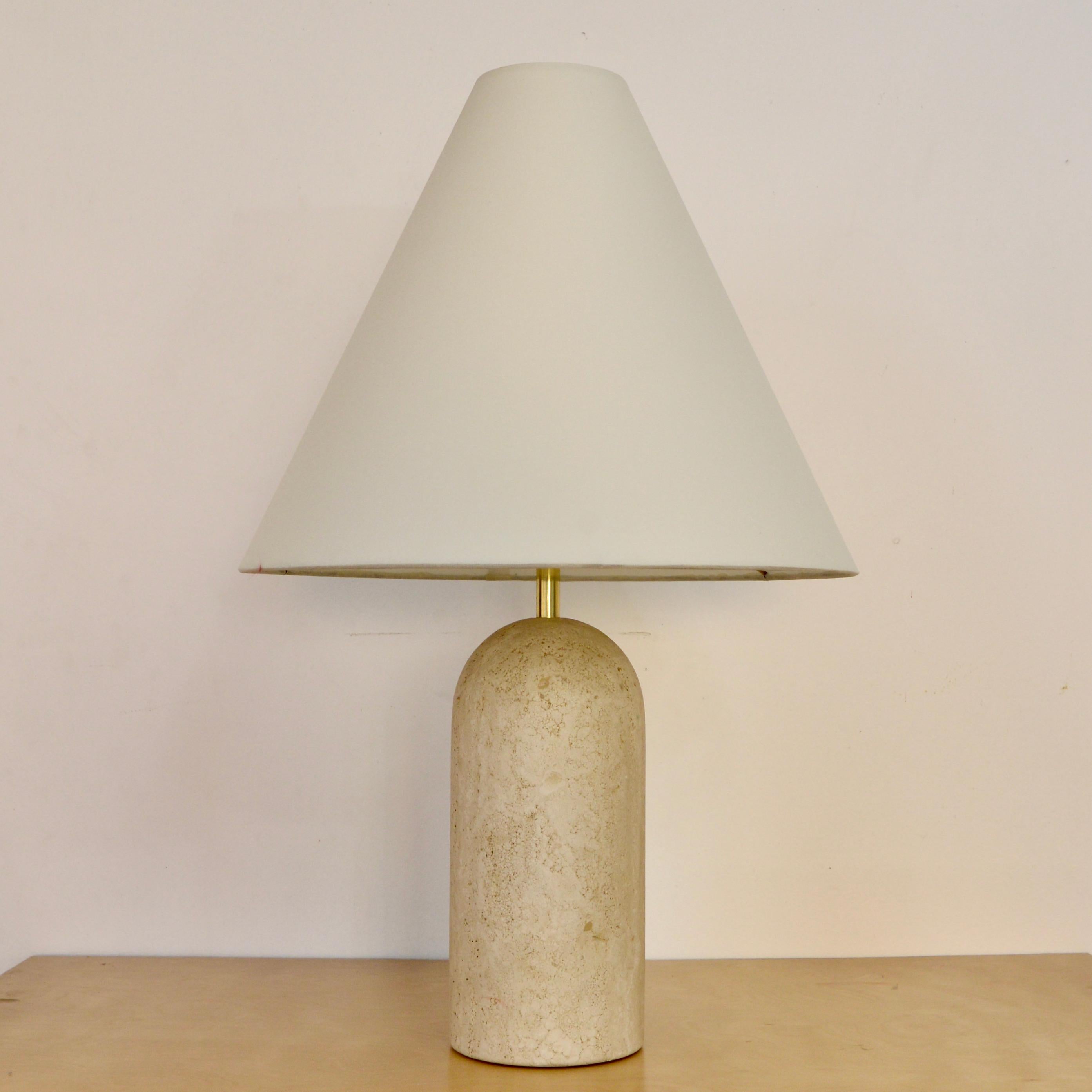 Vintage French carved rounded travertine table lamp from the 1950s. Fully rewired with a single E26 medium based socket, ready to be used in the USA. 
Measurements:
Height: 25.5”
Shade diameter: 16”
Base diametre: 5”.