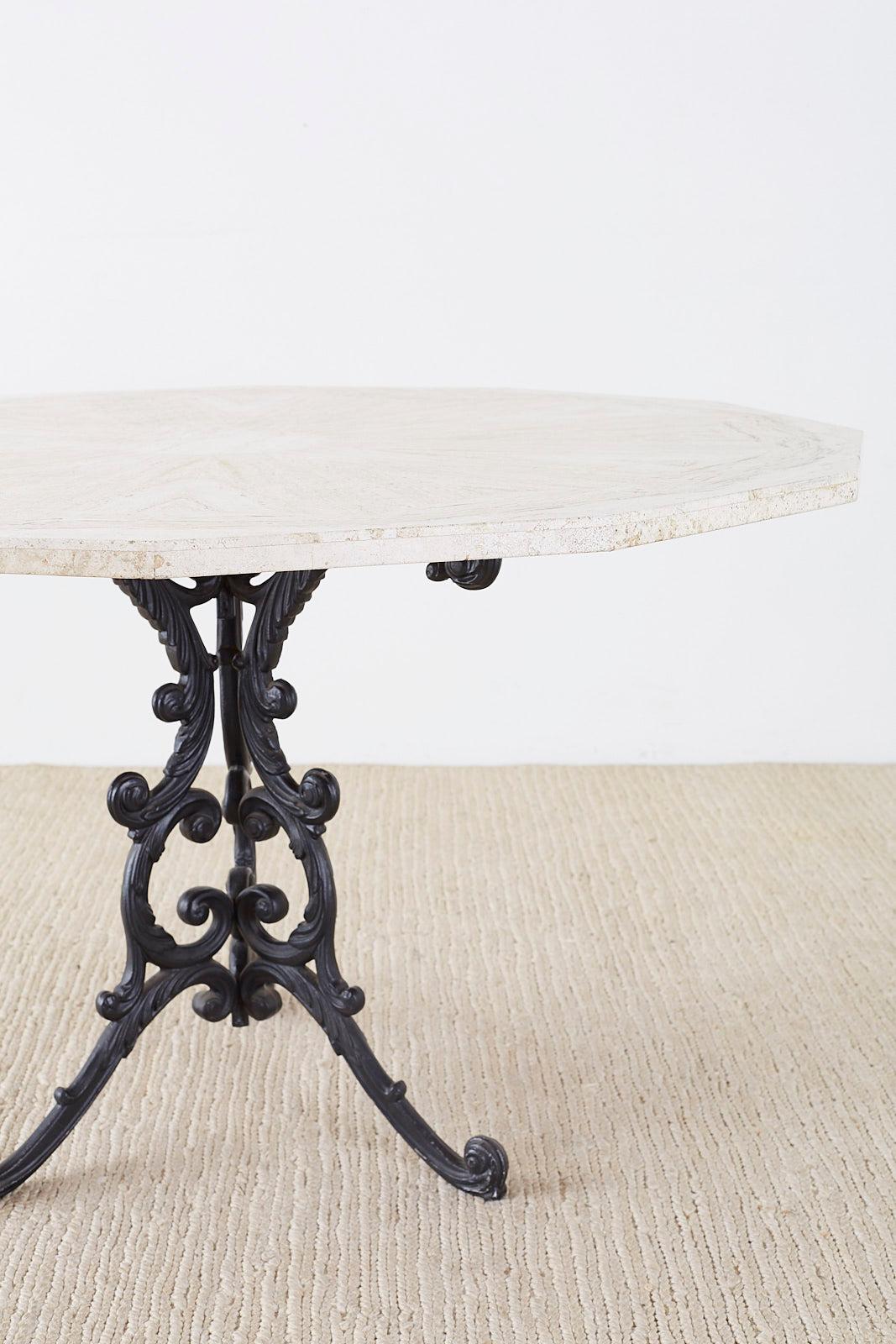 Iron French Travertine Top Bistro Garden Dining Table