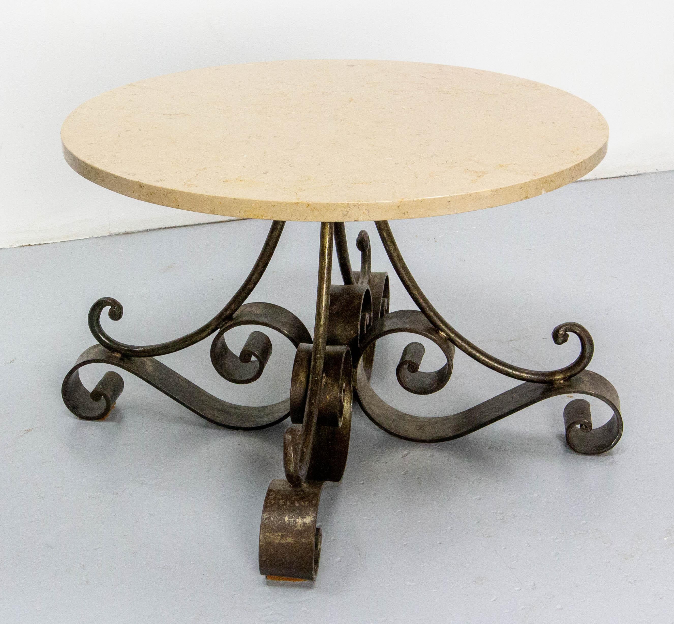 Louis XVI French Travertine Top & Wrought Iron Signed Coffee Table, circa 1960 For Sale