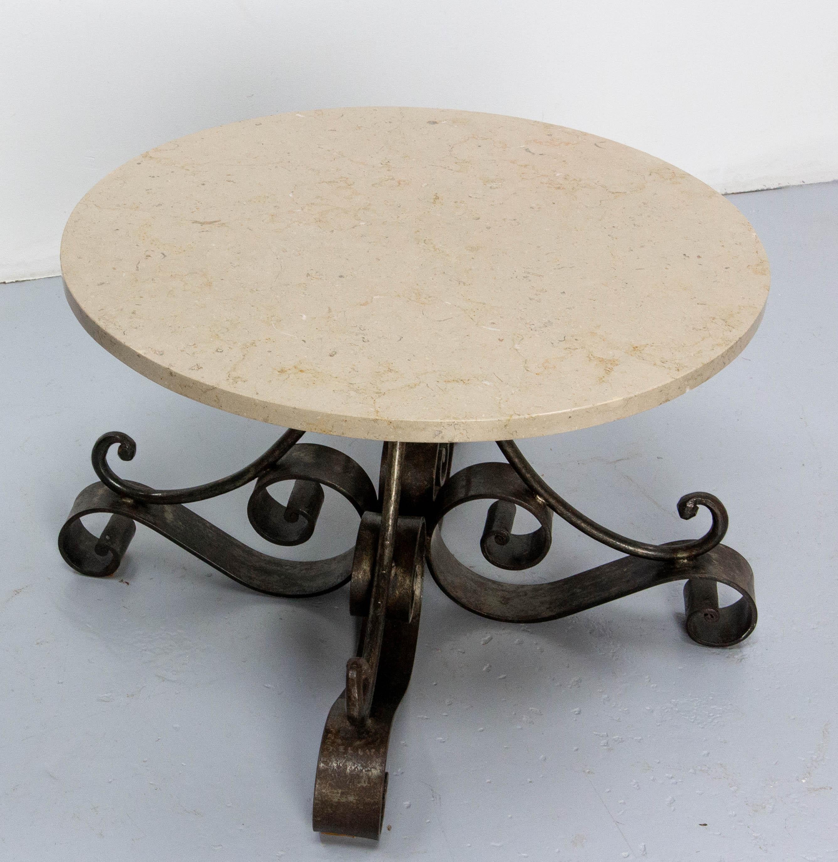 French Travertine Top & Wrought Iron Signed Coffee Table, circa 1960 In Good Condition For Sale In Labrit, Landes