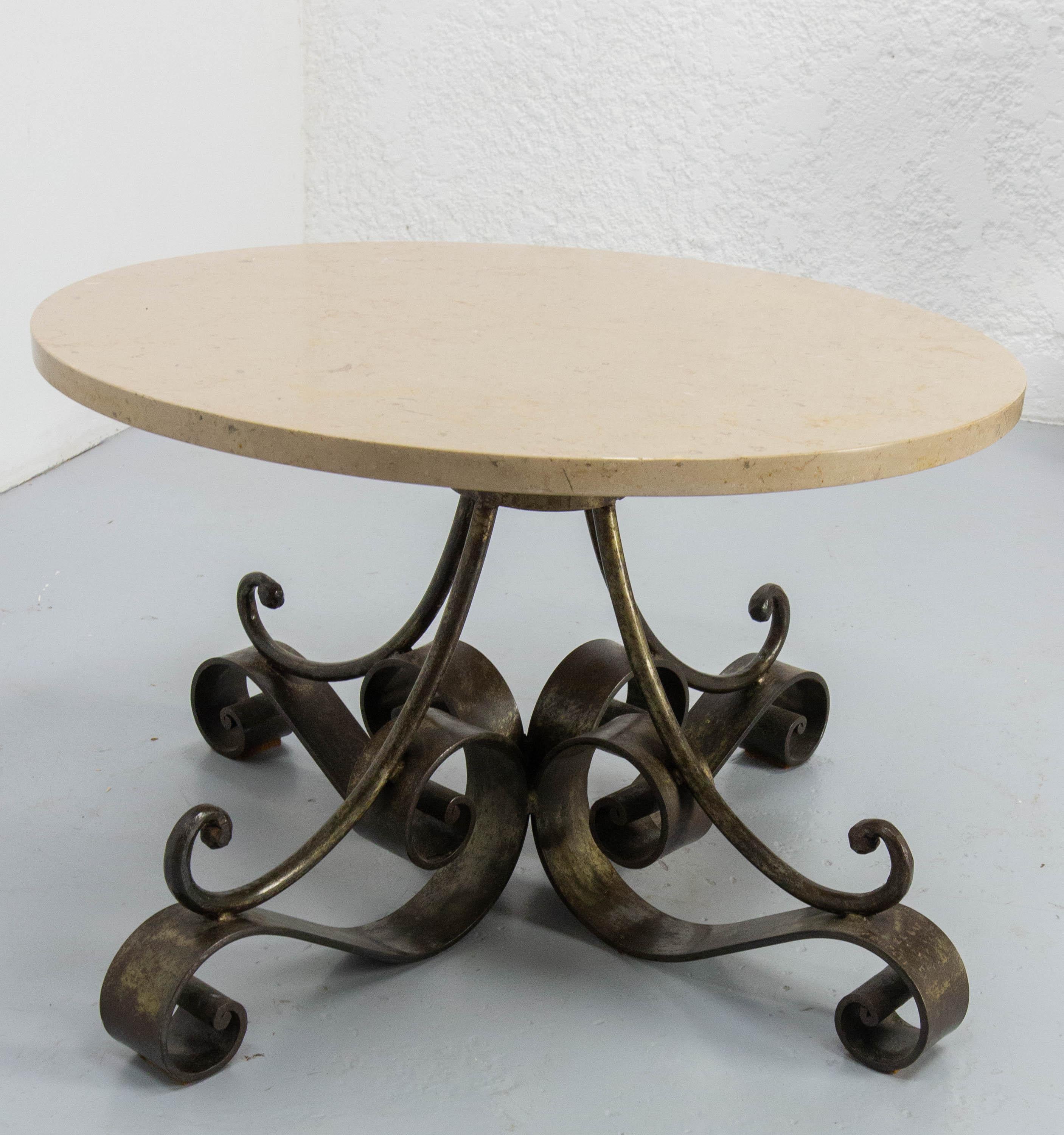 Mid-20th Century French Travertine Top & Wrought Iron Signed Coffee Table, circa 1960 For Sale