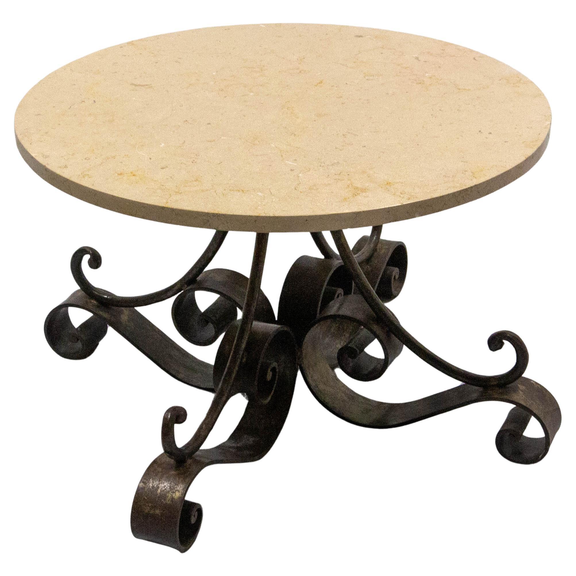 French Travertine Top & Wrought Iron Signed Coffee Table, circa 1960 For Sale