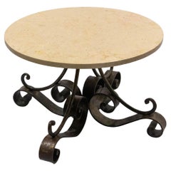 French Travertine Top & Wrought Iron Signed Coffee Table, circa 1960