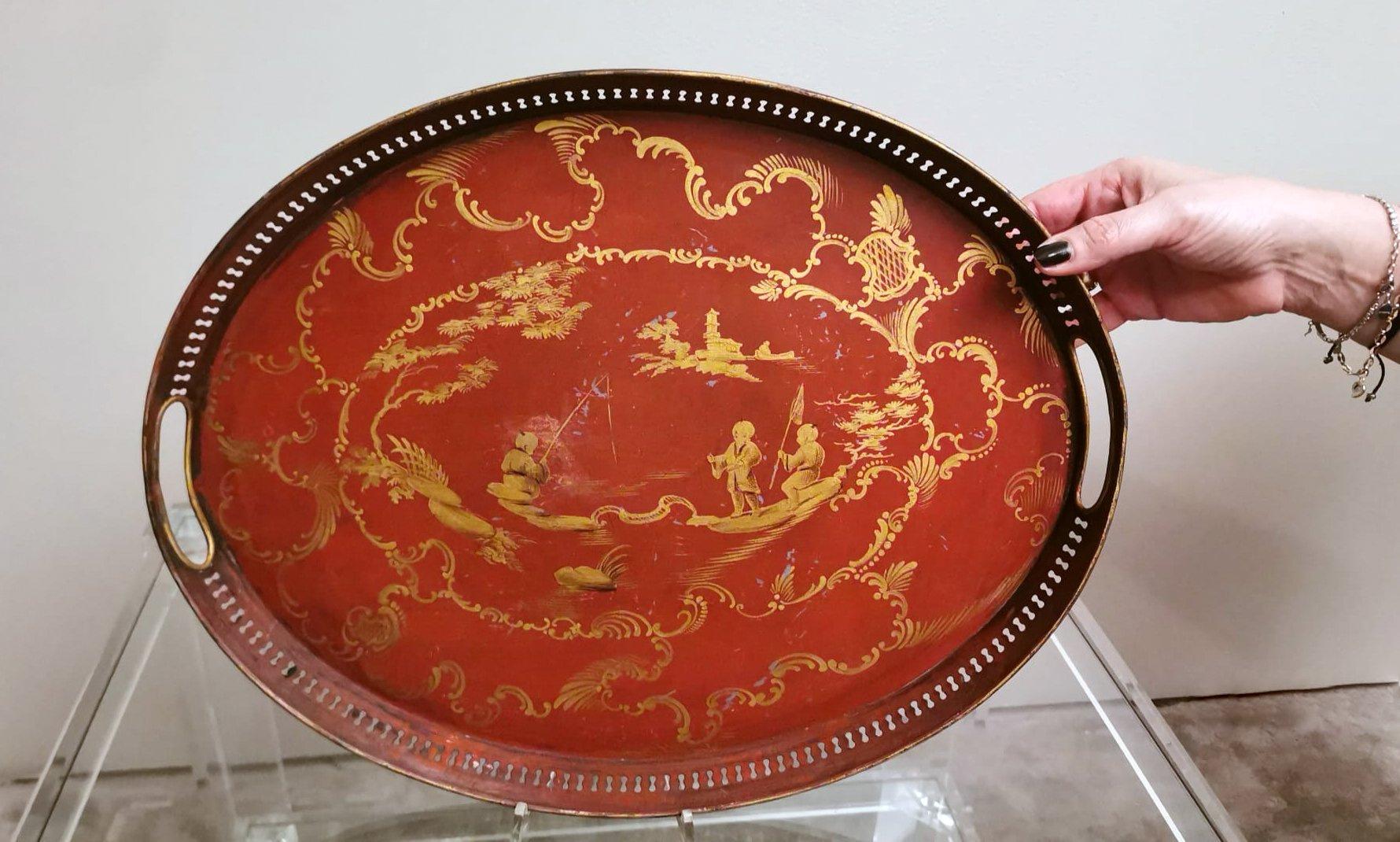 French Tray Napoleon III Style in Metal Hand Painted with Gold Paint 9