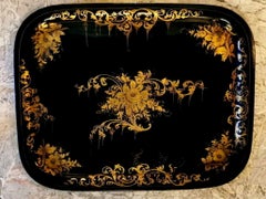 French Tray Napoleon III Style in Metal Hand Painted with Gold Paint