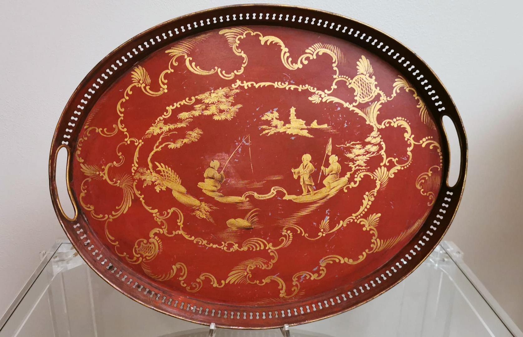 Hand-Painted French Tray Napoleon III Style in Metal Hand Painted with Gold Paint