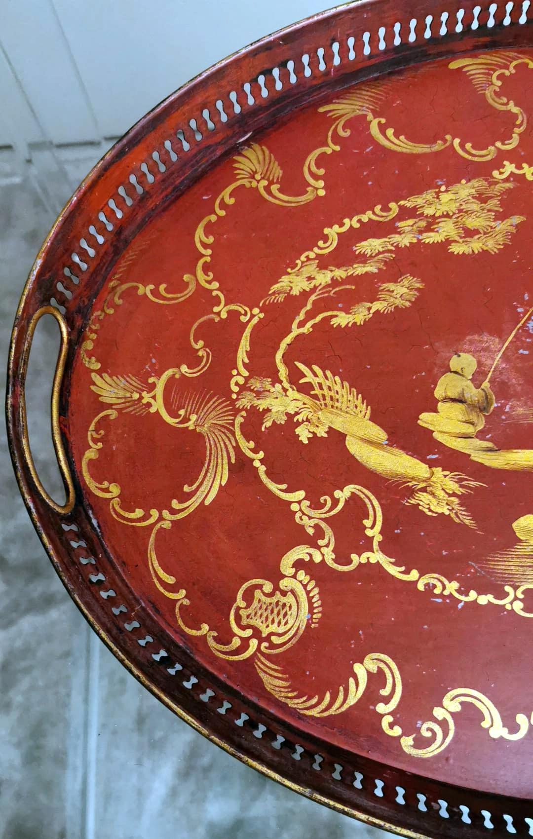 19th Century French Tray Napoleon III Style in Metal Hand Painted with Gold Paint