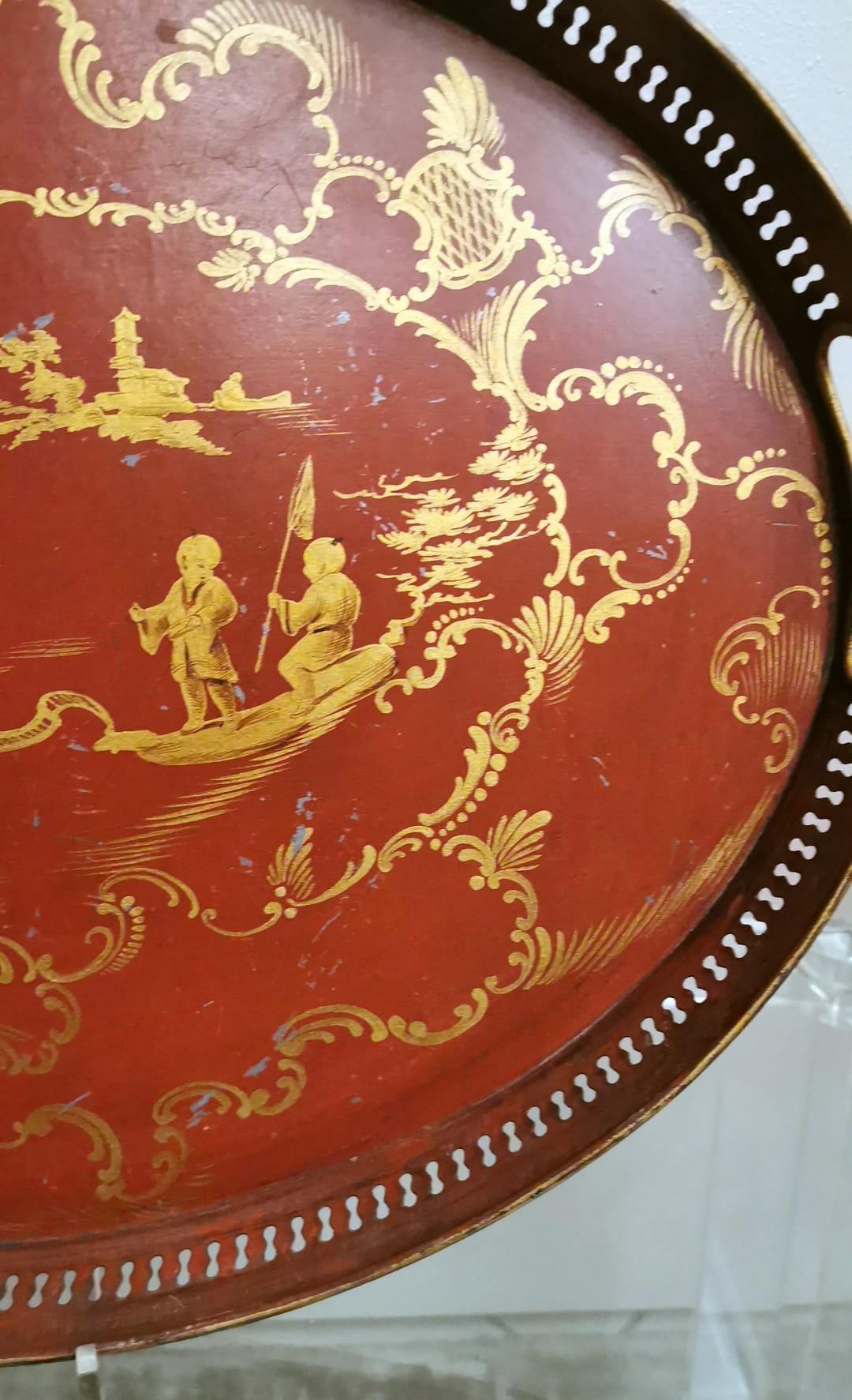 French Tray Napoleon III Style in Metal Hand Painted with Gold Paint 1