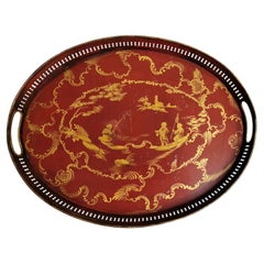 French Tray Napoleon III Style in Metal Hand Painted with Gold Paint