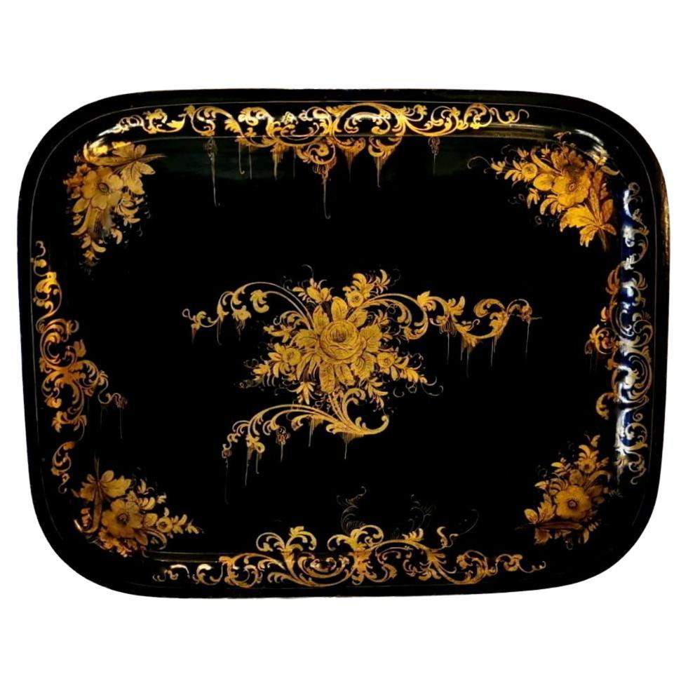 French Tray Napoleon III Style in Metal Hand Painted with Gold Paint For Sale