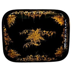 Antique French Tray Napoleon III Style in Metal Hand Painted with Gold Paint