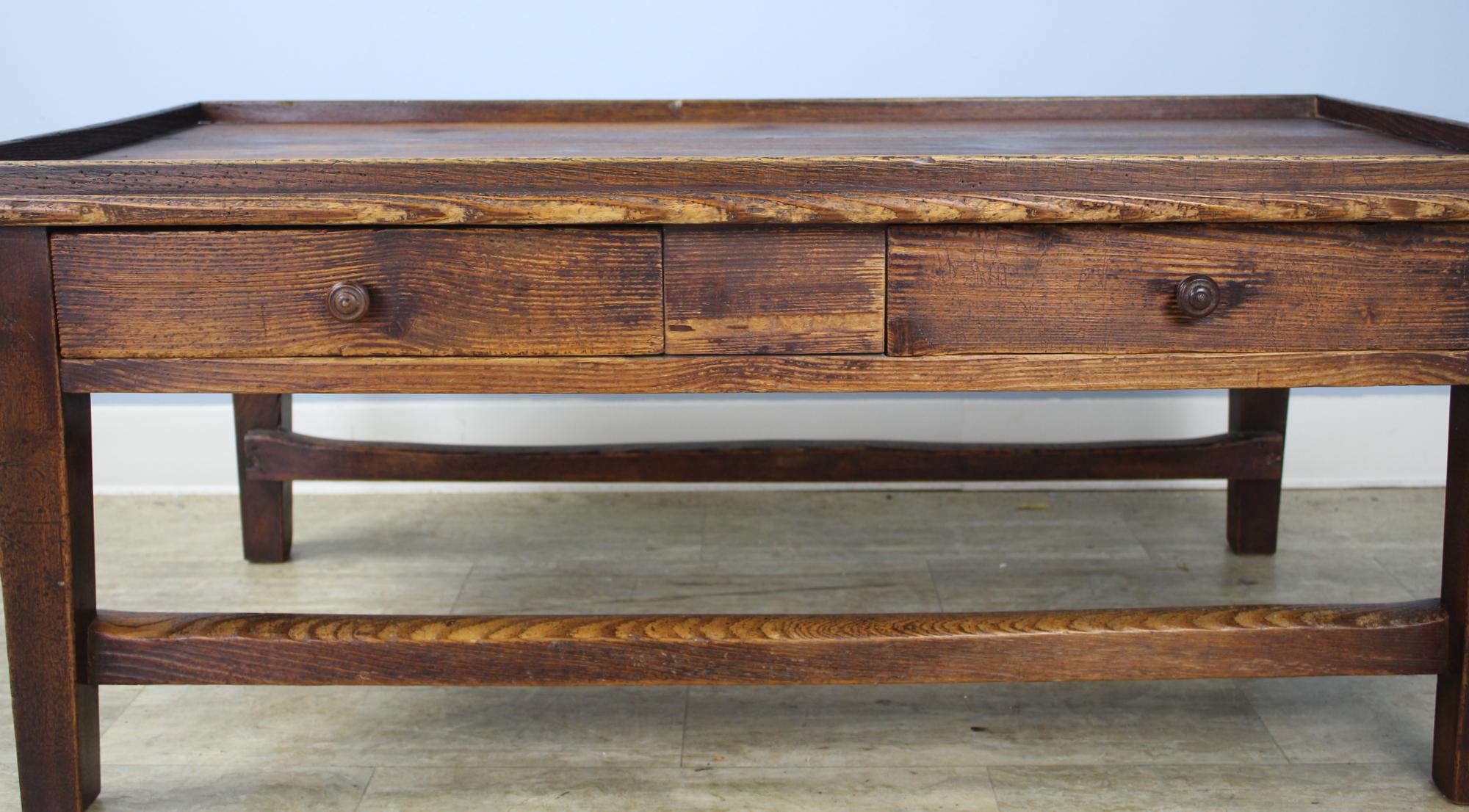 19th Century French Tray-Top Two-Drawer Pine Coffee Table