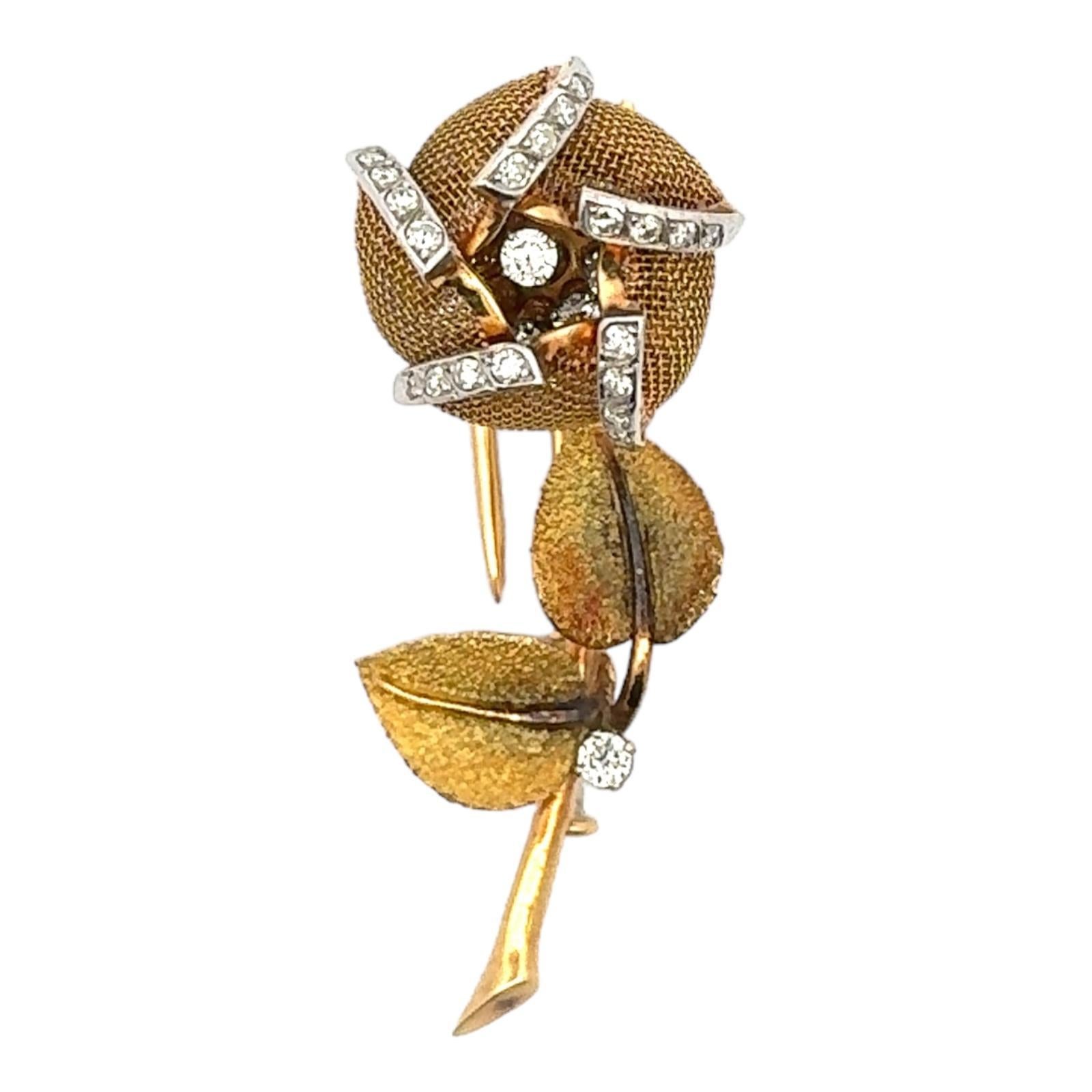 Modern French Tremblant Diamond 18 Karatr Yellow Gold Vintage Flower Brooch Pin
