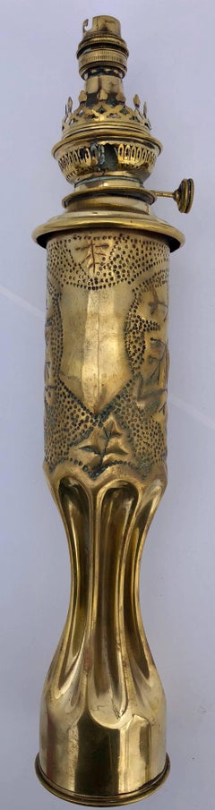 French Trench Art First World War Two Carved Brass Shells One Oil Lamp, One Vase