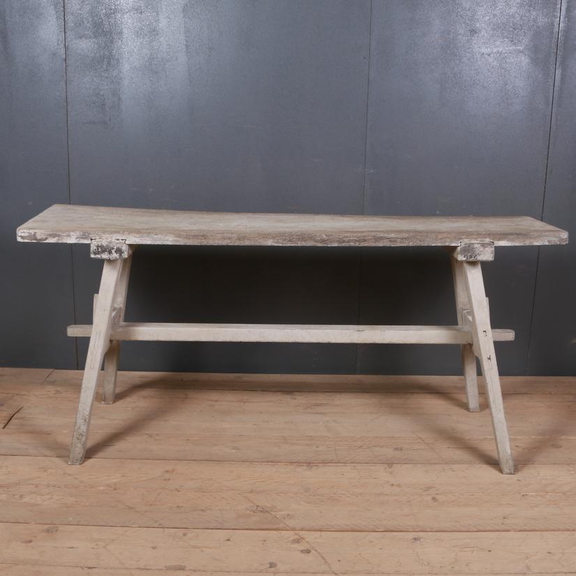 Early 19th century French painted oak trestle table, 1820

Depth of the top is 18