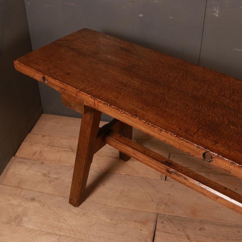 19th century French oak and pine trestle table. 1860
The depth of the work top is 17