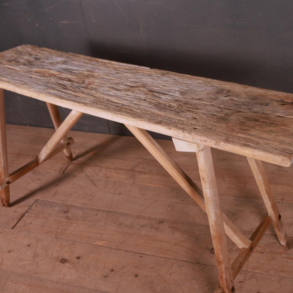 19th century French scrubbed oak and poplar trestle table, 1880.

Top depth 14.5