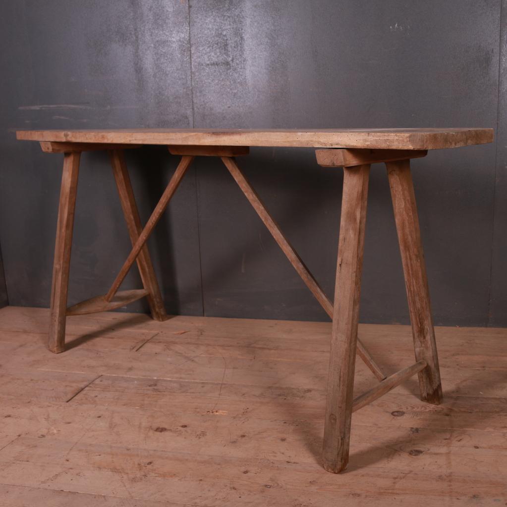 19th century French scrubbed oak and poplar trestle table, 1880.

Top depth 15.5