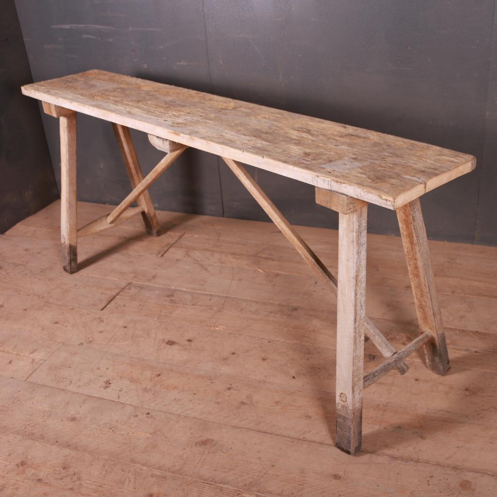 19th century French scrubbed oak and poplar trestle table, 1880.

Top depth 14