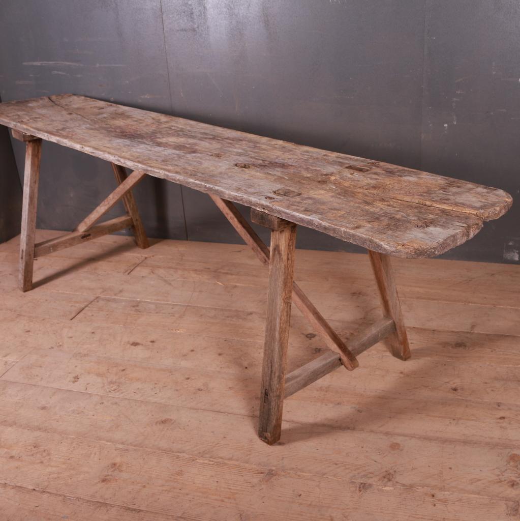 Large 19th century French scrubbed oak and poplar trestle table, 1880.

Top depth 18.5