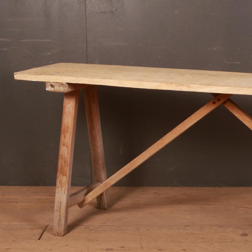 French 19th century scrubbed oak/ sycamore trestle table. 1860

Dimensions
78.5 inches (199 cms) wide
18 inches (46 cms) deep
31.5 inches (80 cms) high.

  
