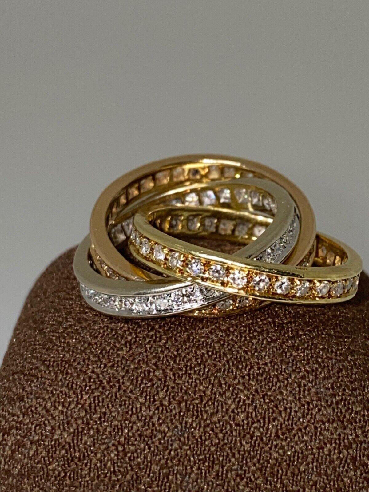 Retro French Tri-Colour 18k Gold & Eternity Diamond Trinity Bands/Russian Wedder Ring For Sale