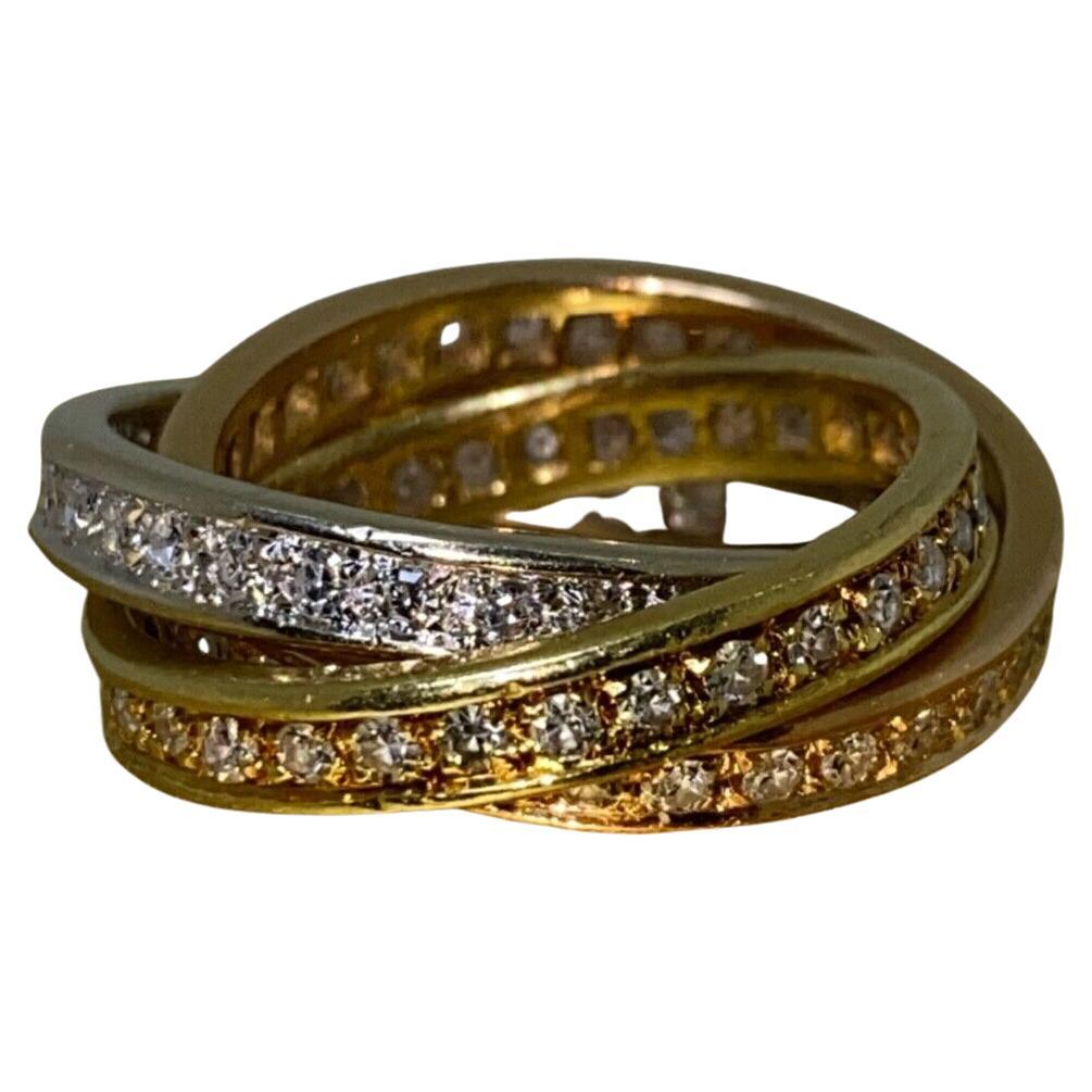 French Tri-Colour 18k Gold & Eternity Diamond Trinity Bands/Russian Wedder Ring For Sale