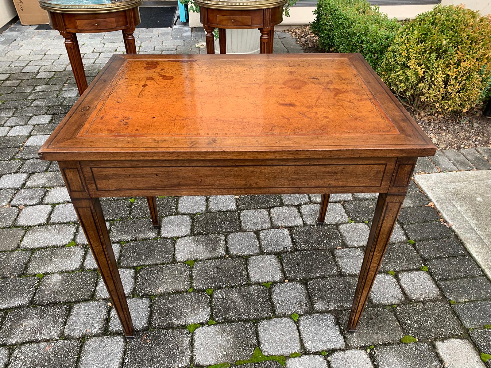 French Tric Trac Table with Walnut Inlay, Leather Top, circa 1920s 6
