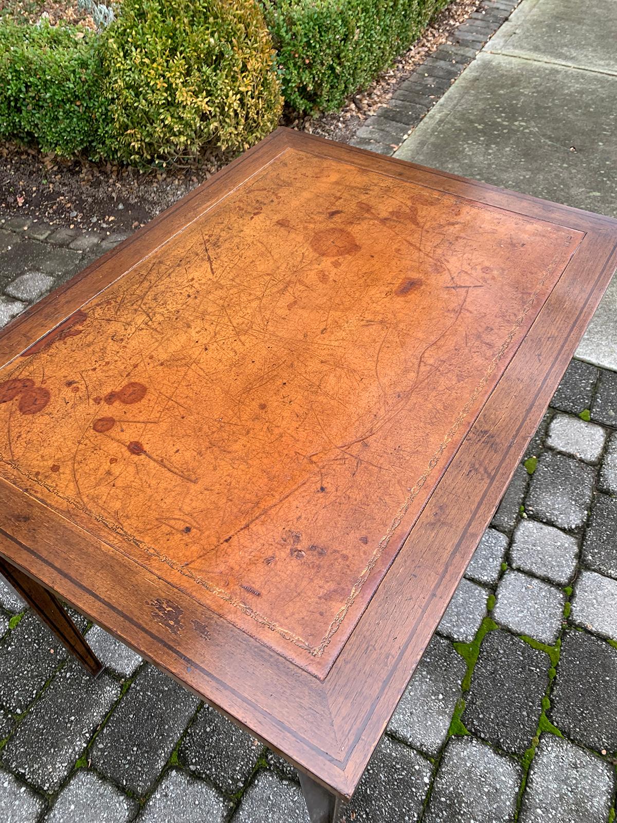 French Tric Trac Table with Walnut Inlay, Leather Top, circa 1920s 8