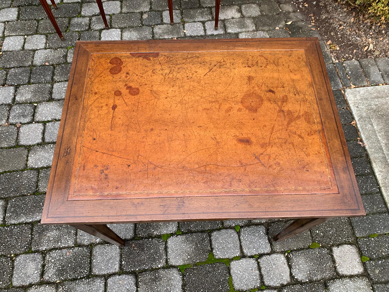 French Tric Trac Table with Walnut Inlay, Leather Top, circa 1920s In Good Condition In Atlanta, GA