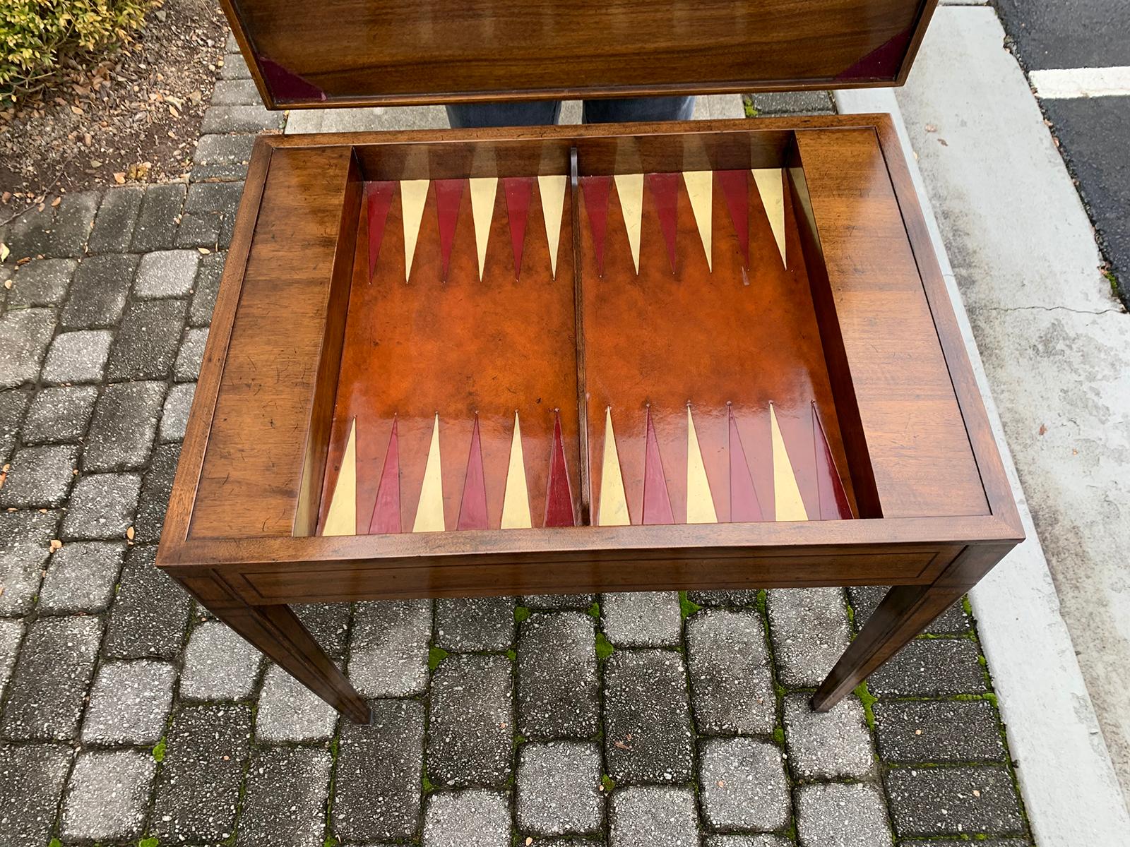 Early 20th Century French Tric Trac Table with Walnut Inlay, Leather Top, circa 1920s