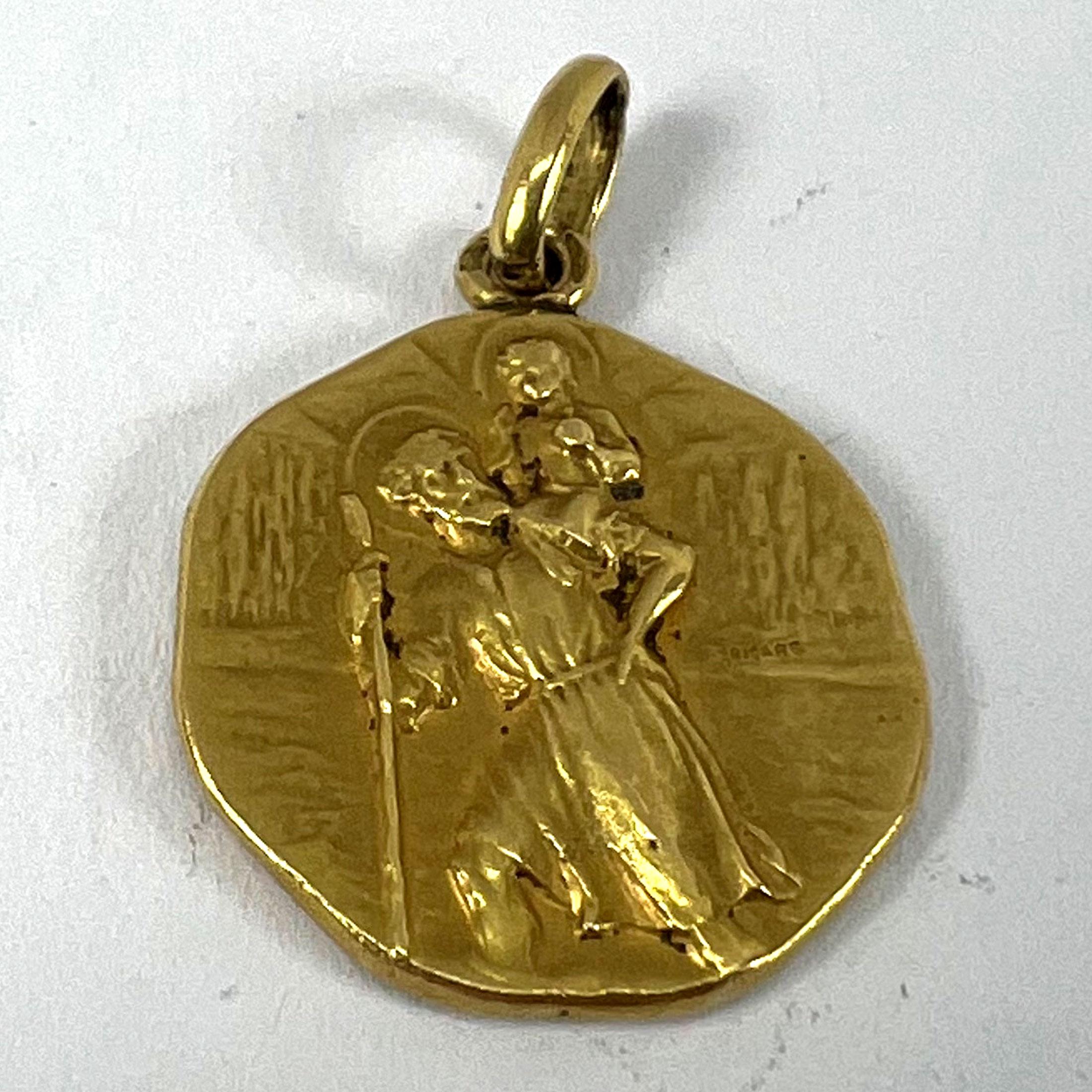 French Tricard Saint Christopher 18K Yellow Gold Charm Pendant Medal 8