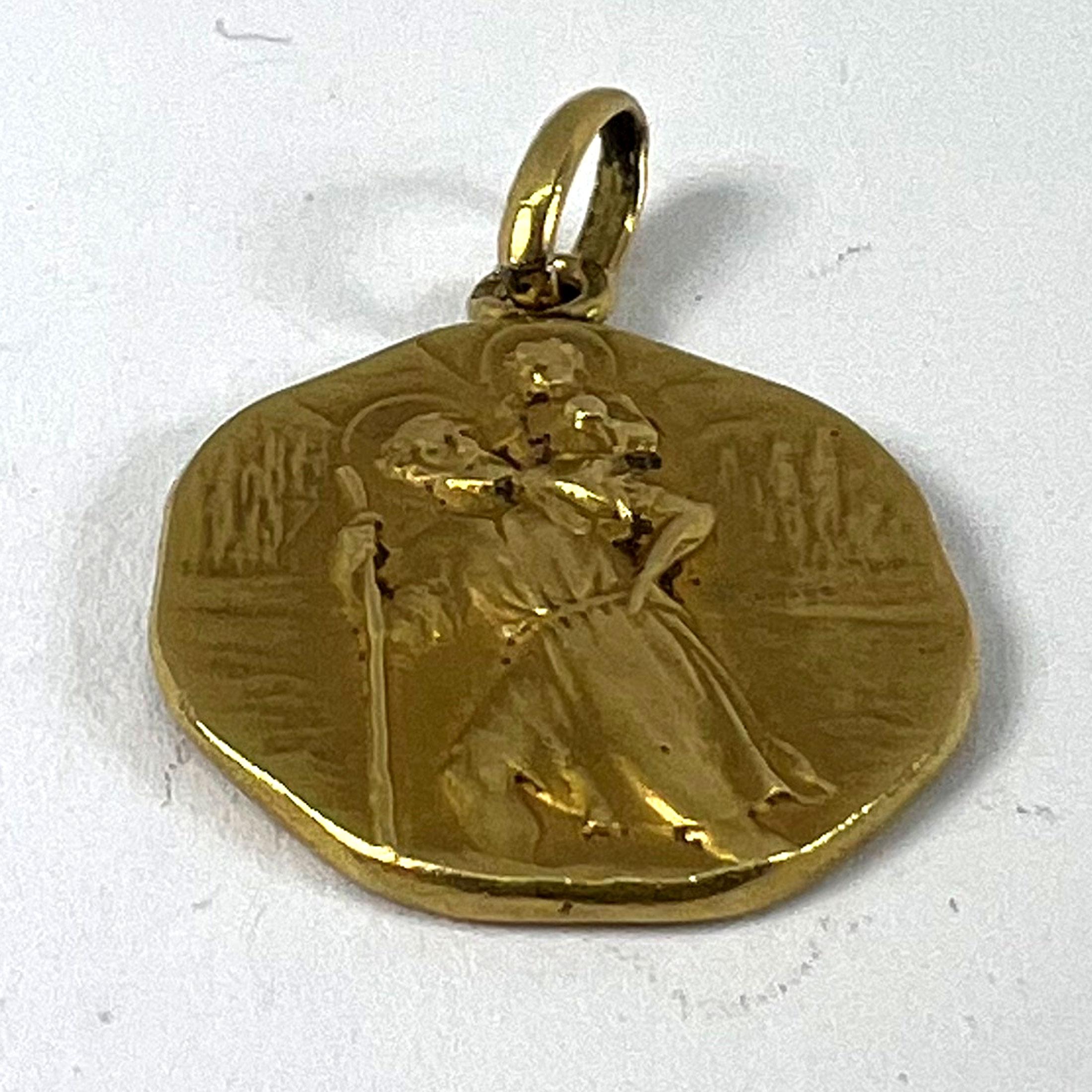 French Tricard Saint Christopher 18K Yellow Gold Charm Pendant Medal 9