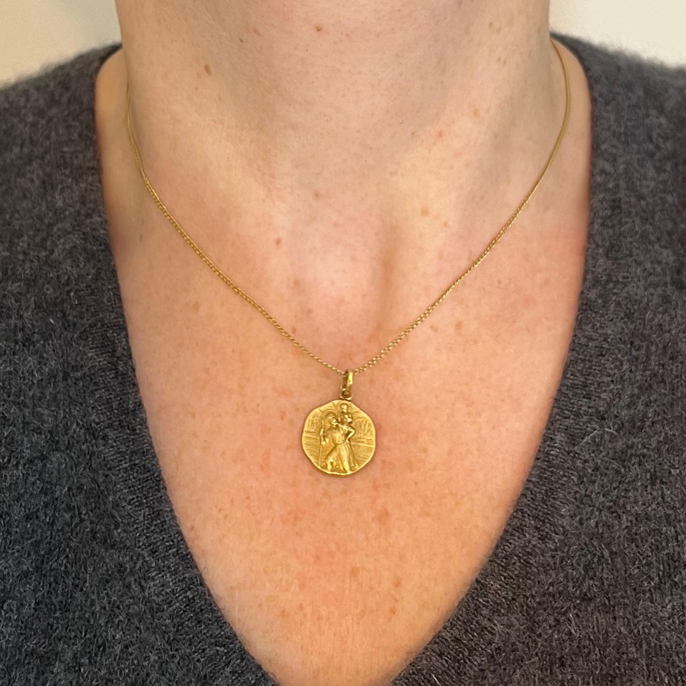 Women's or Men's French Tricard Saint Christopher 18K Yellow Gold Charm Pendant Medal