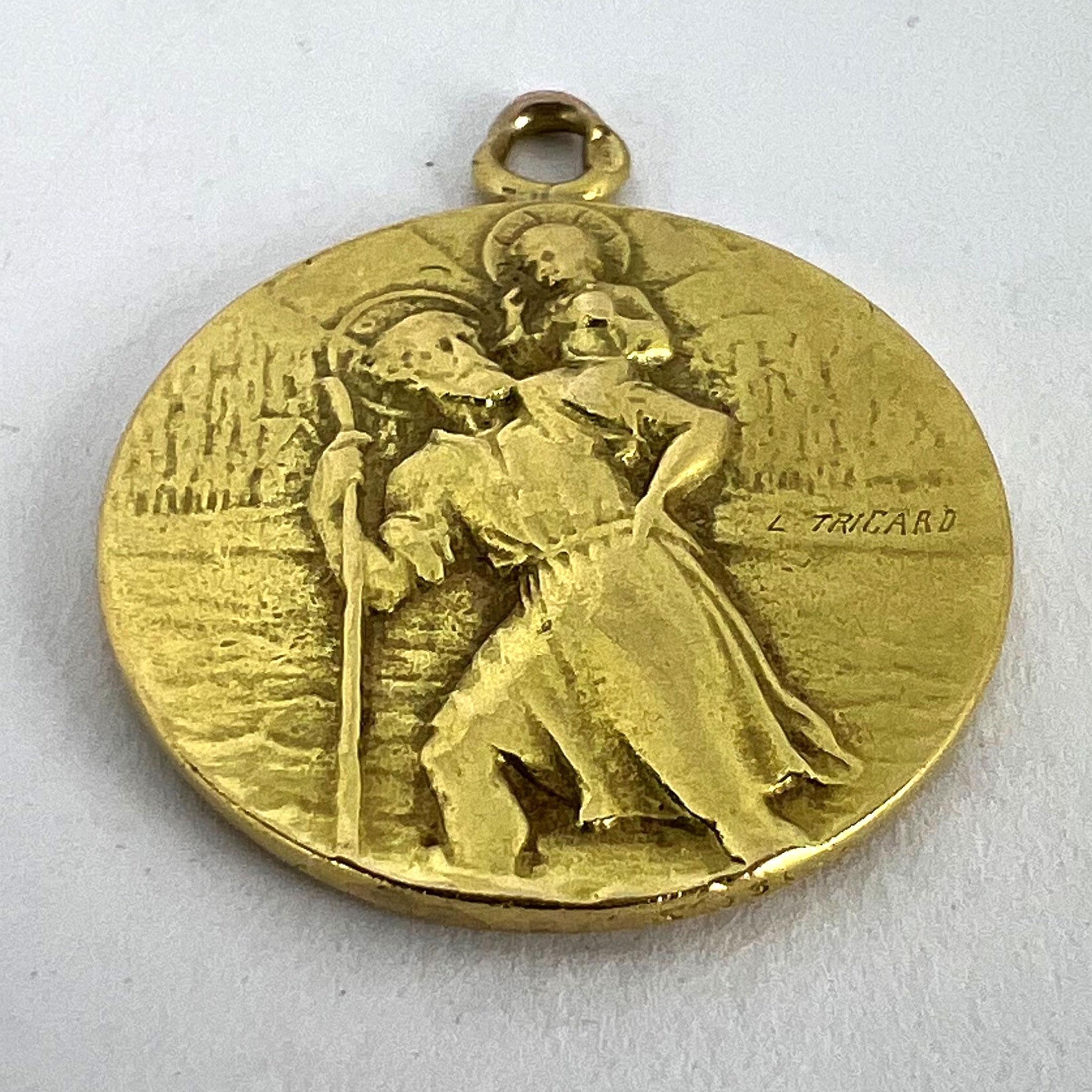 French Tricard St Christopher Tempestate Securitas 18K Yellow Gold Pendant Medal 6