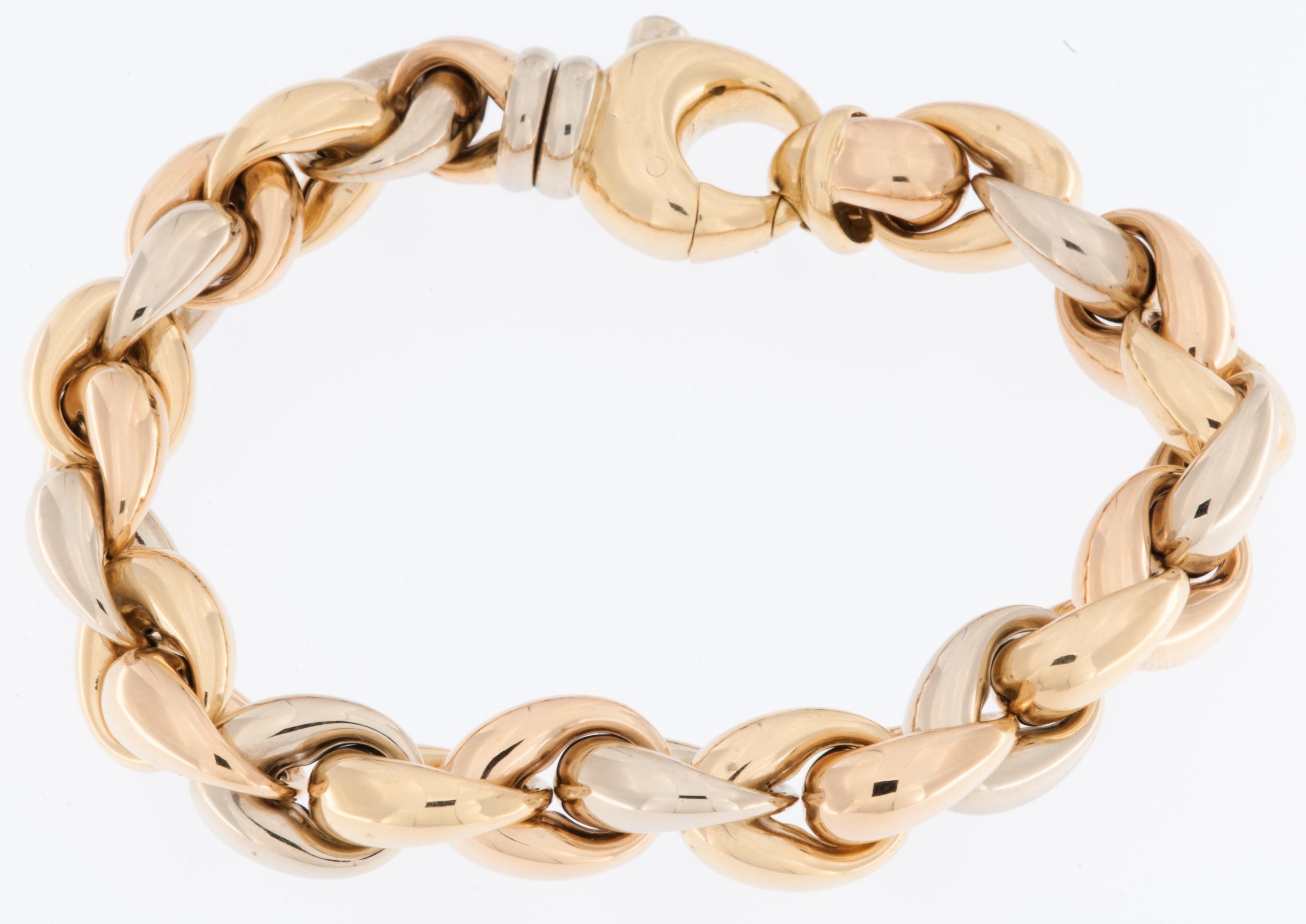 The French Triple 18kt Gold Fashion Bracelet is a luxurious and stylish accessory that exudes elegance and sophistication. Made with precision and attention to detail, this bracelet features a stunning design, crafted from high quality 18k yellow,