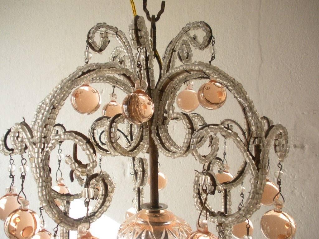 French Triple Beaded Pink Murano Balls Chandelier, circa 1920 In Good Condition In Modena (MO), Modena (Mo)
