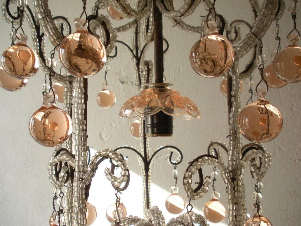 Early 20th Century French Triple Beaded Pink Murano Balls Chandelier, circa 1920