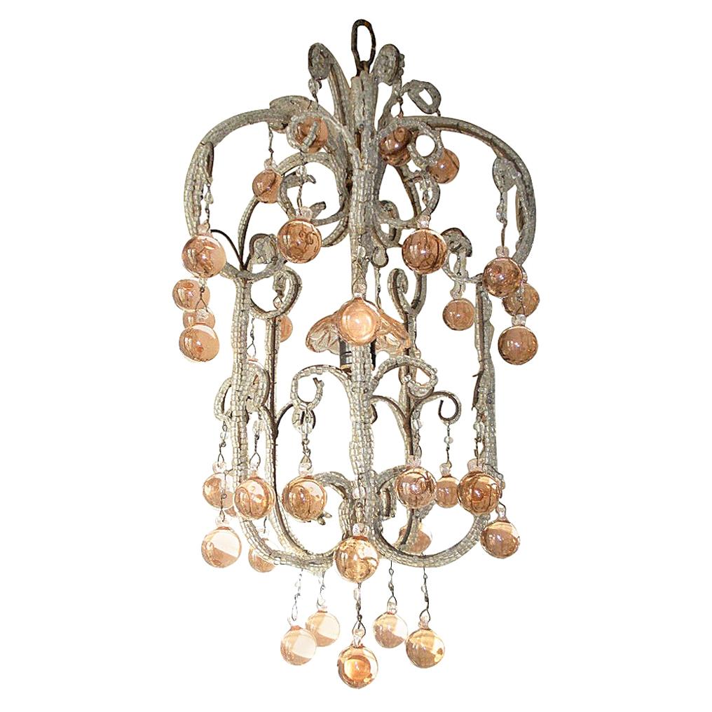 French Triple Beaded Pink Murano Balls Chandelier, circa 1920