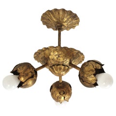 French Triple Flower Bud Chandelier / Ceiling Light Fixture in Gilt Iron, 1940s