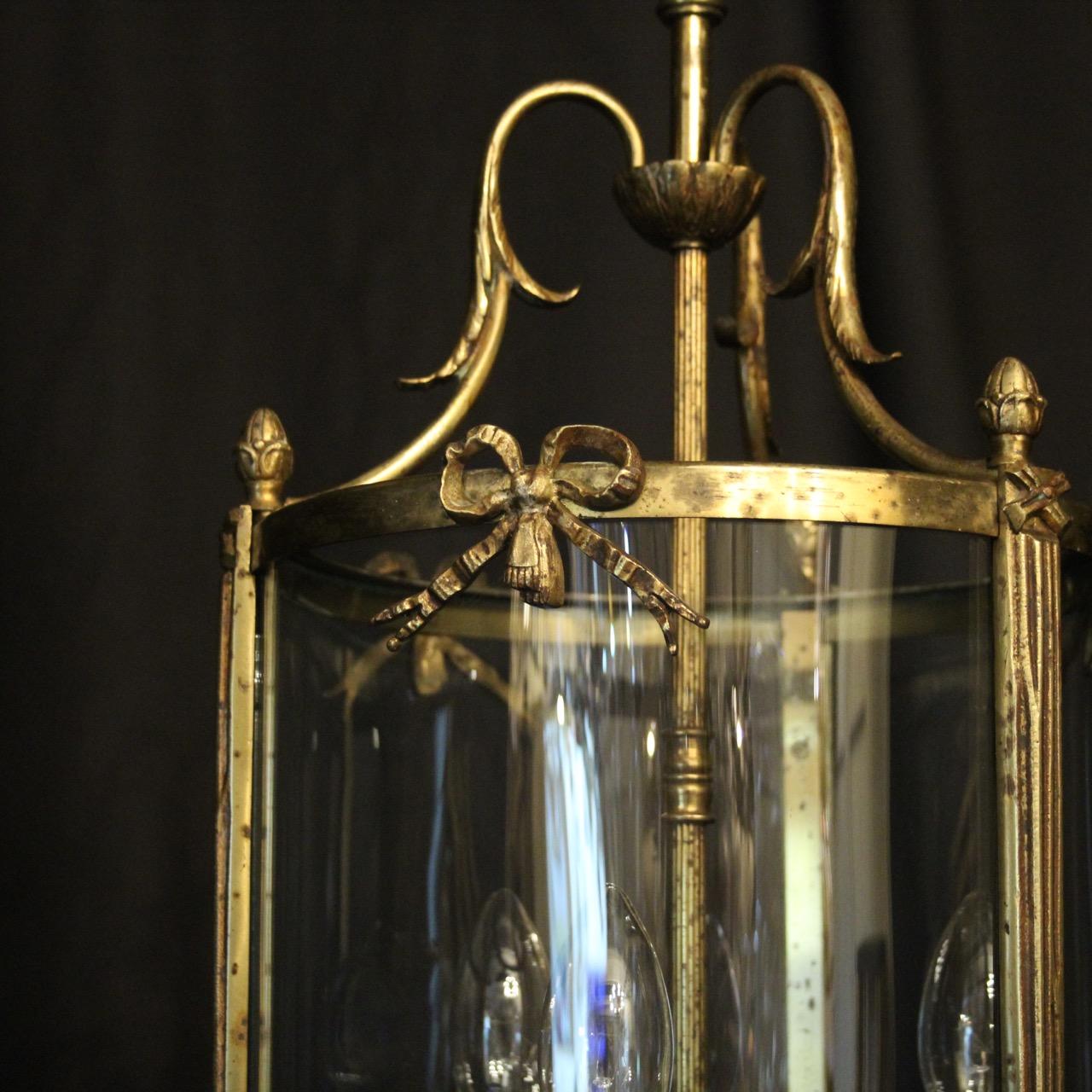 Gilt French Triple Light Bronze Convex Antique Lantern For Sale