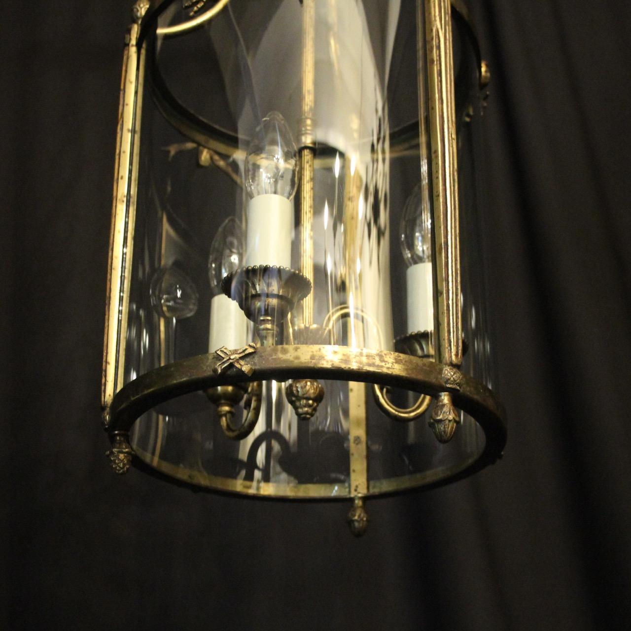 20th Century French Triple Light Bronze Convex Antique Lantern For Sale