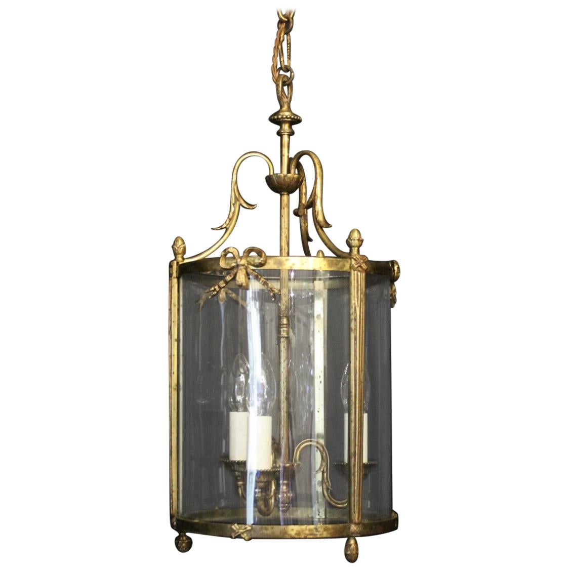 French Triple Light Bronze Convex Antique Lantern For Sale