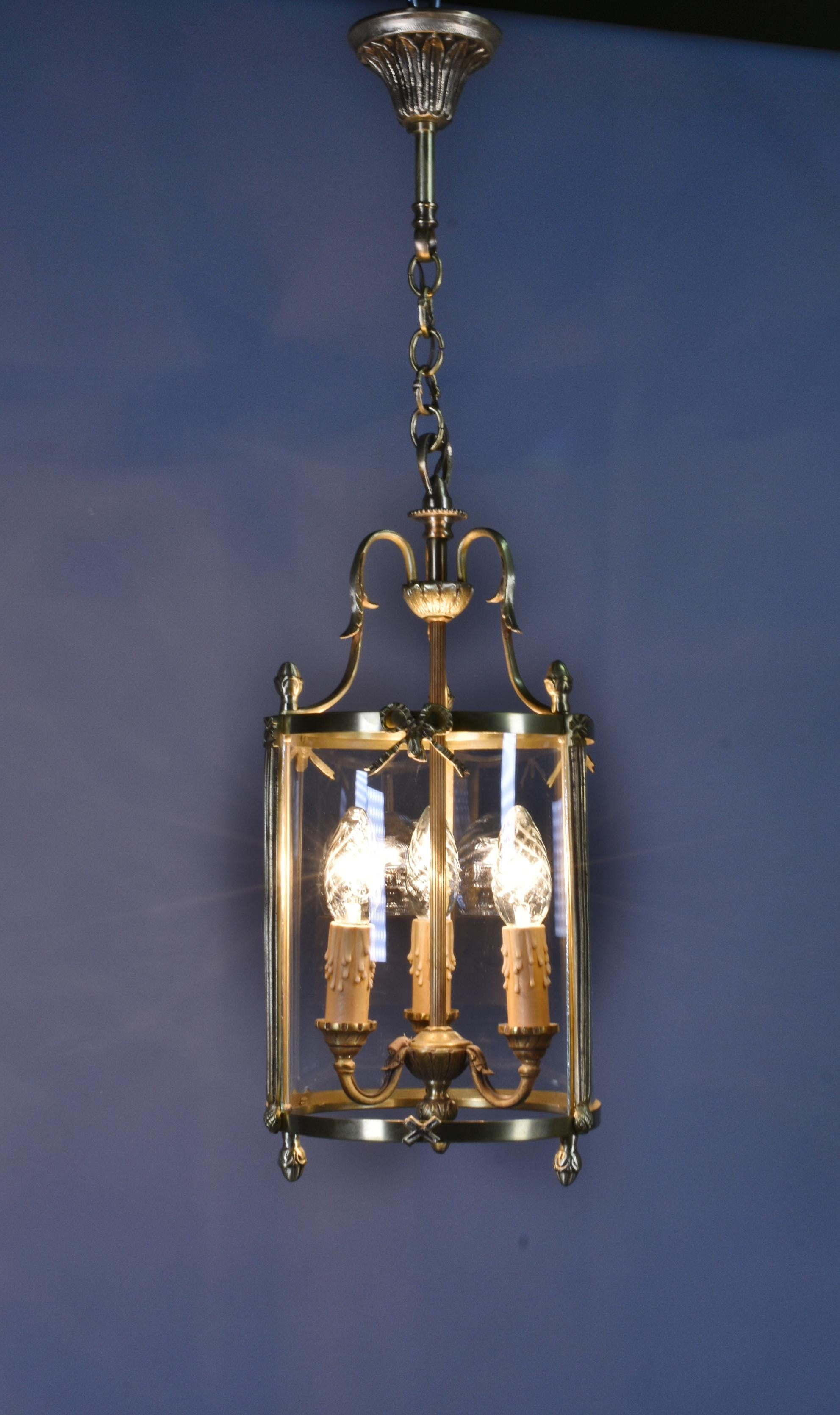 French Triple Light Hall Lantern in Bronze Louis XVI Style For Sale 7