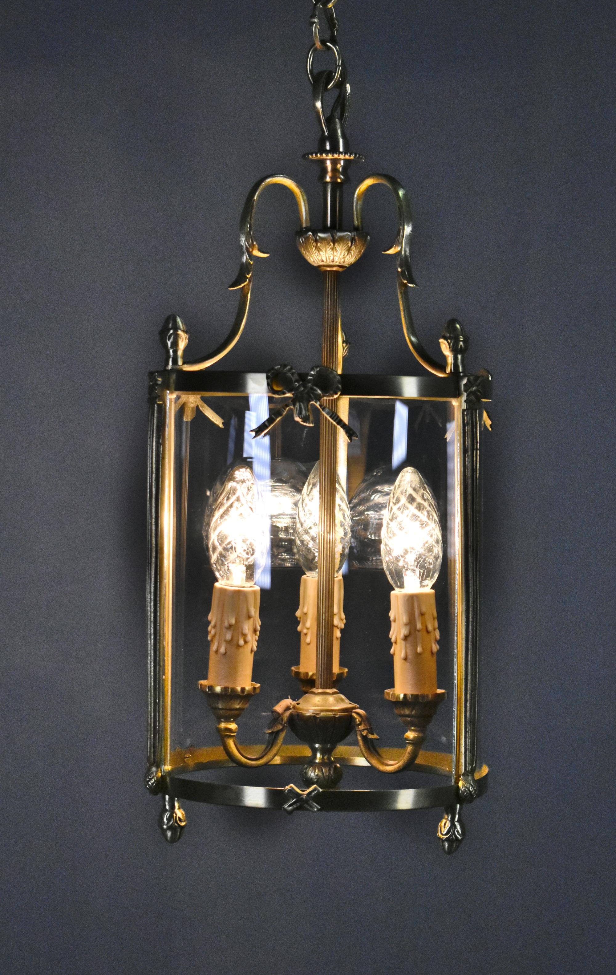 French Triple Light Hall Lantern in Bronze Louis XVI Style For Sale 8
