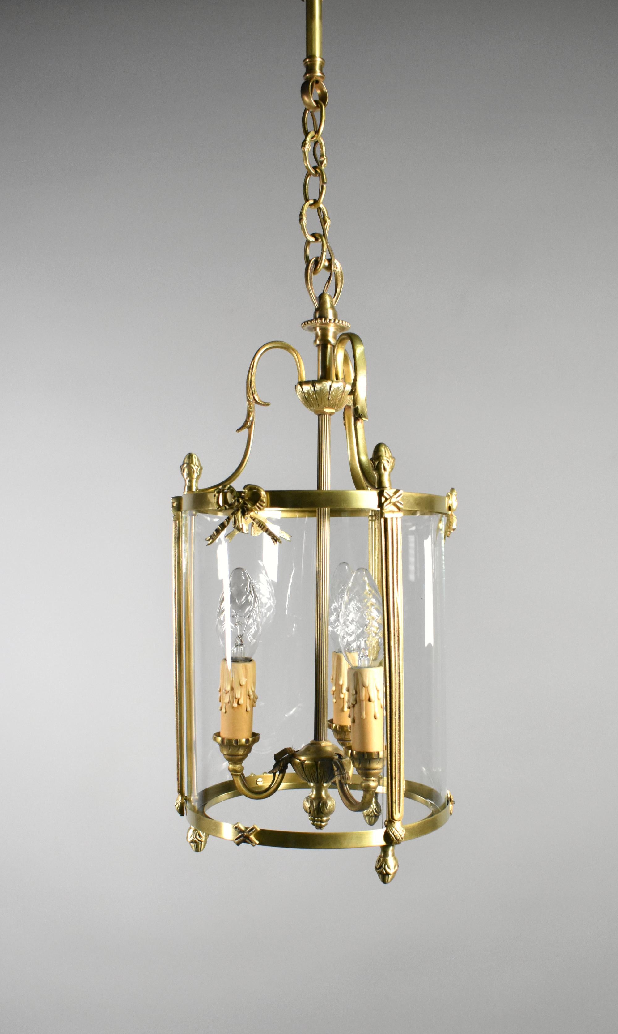Polished French Triple Light Hall Lantern in Bronze Louis XVI Style For Sale