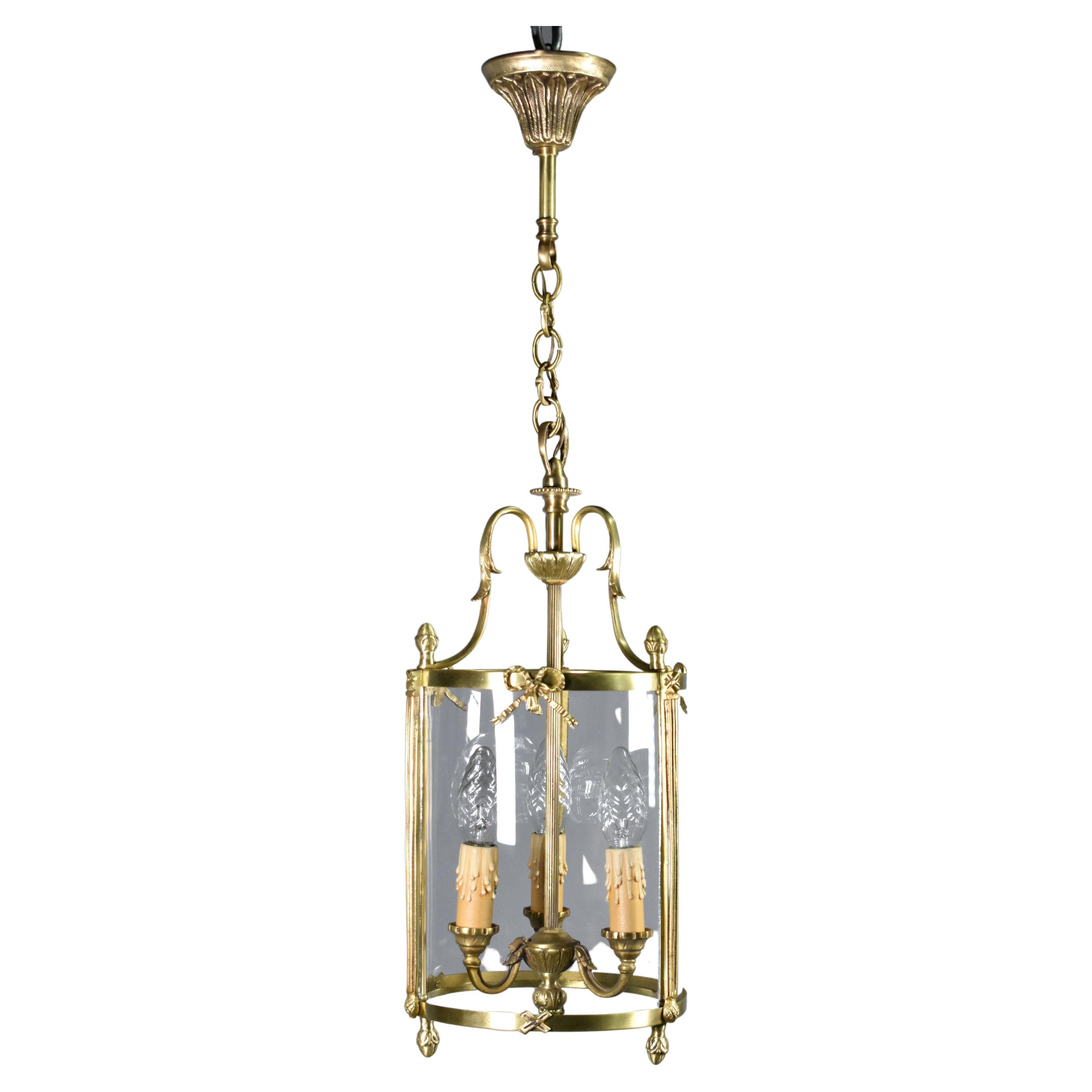 French Triple Light Hall Lantern in Bronze Louis XVI Style For Sale