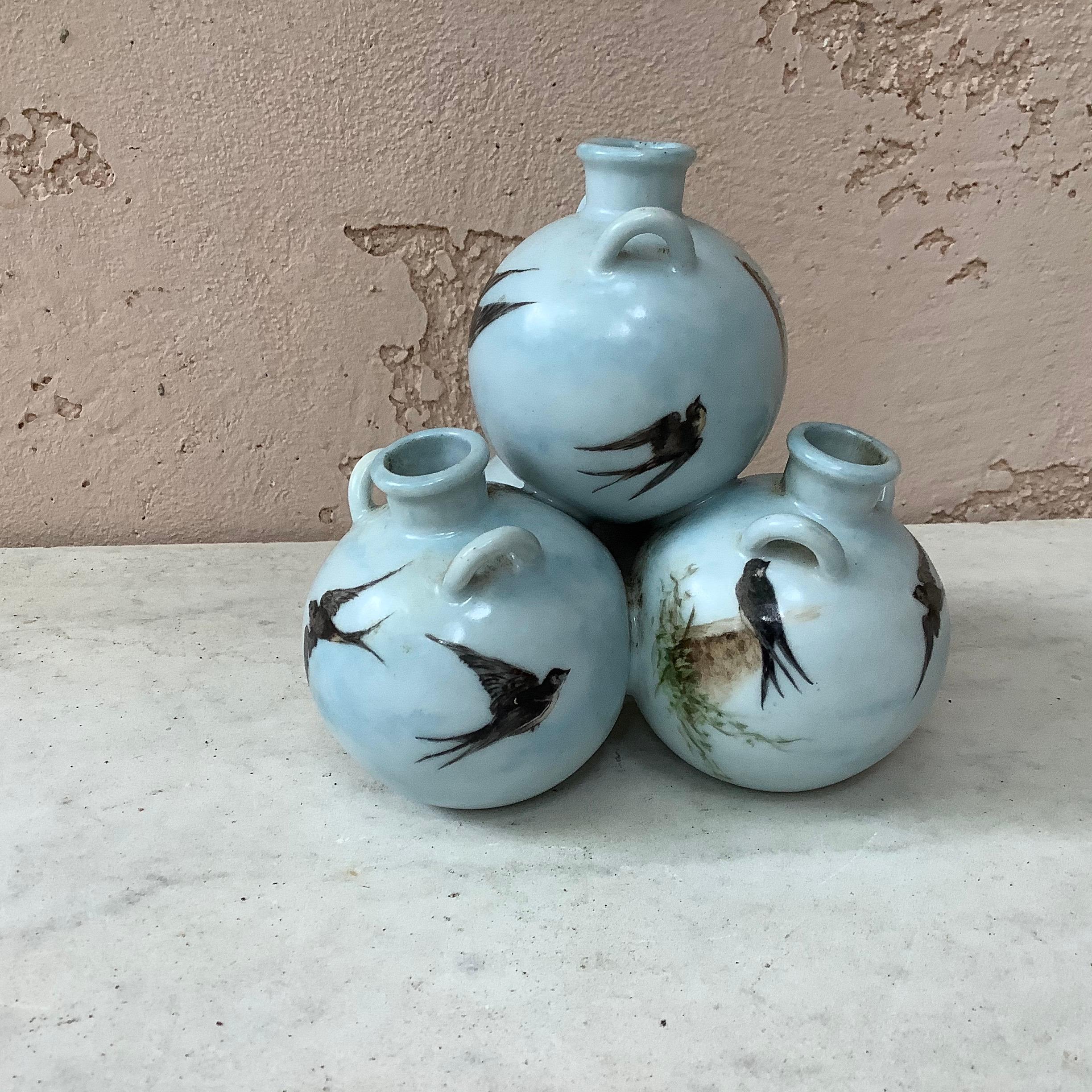 Art Nouveau French Triple Vase Swallows, circa 1900 For Sale